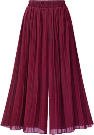 Women Flowy Chiffon Pleated Palazzo Pants Summer High Waist Wide Leg Capri Pant Culottes Elegant Dancing Cropped Trousers