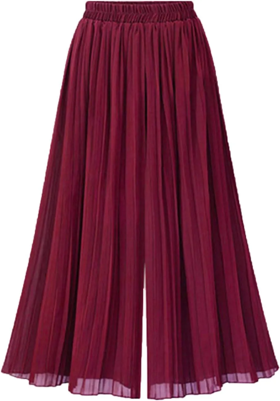 Women Flowy Chiffon Pleated Palazzo Pants Summer High Waist Wide Leg Capri Pant Culottes Elegant Dancing Cropped Trousers