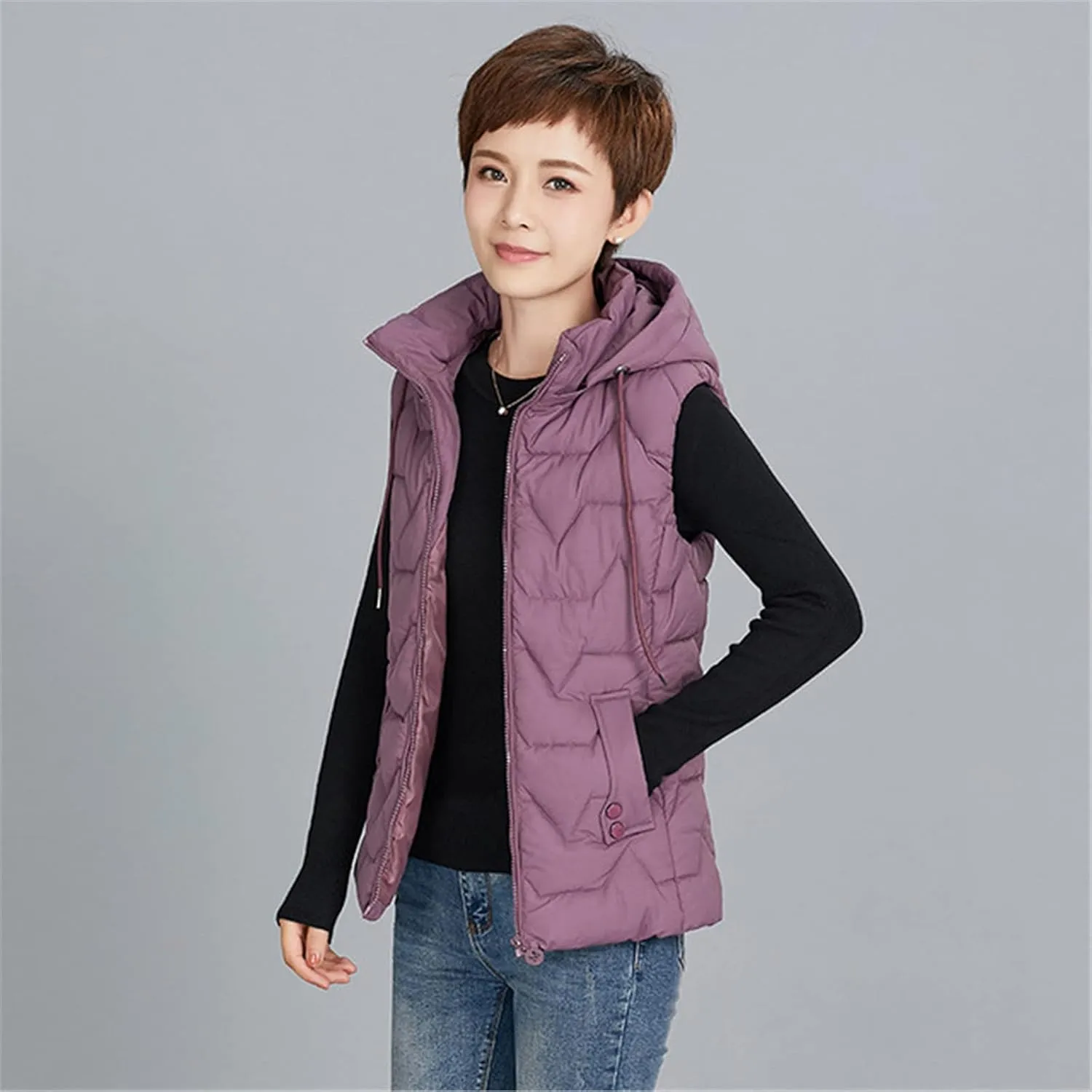 Women Hooded Quilted Vest Winter Lightweight Short Cotton Down Vest Slim Warm Sleeveless Vest Oversized Windproof Zipper Padded Waistcoat for Outdoor,Purple,XXL