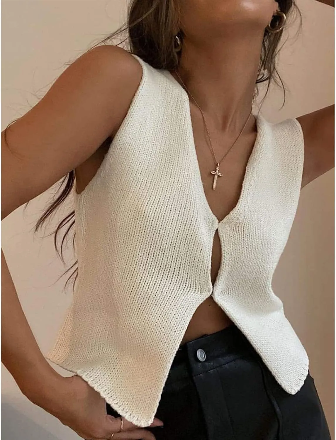 Women Knit Vest Crochet Top Sleeveless Sexy V Neck Aesthetic Y2k Casual Open Front Top Streetwear