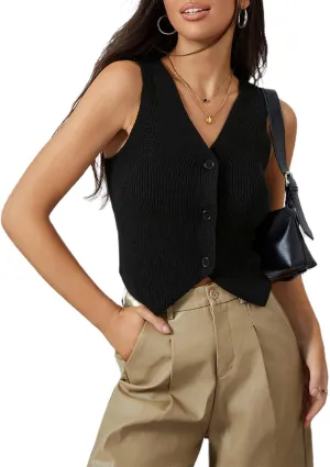 Women Knit Vest Crochet Top Sleeveless Sexy V Neck Aesthetic Y2k Casual Open Front Top Streetwear