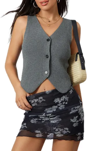 Women Knit Vest Crochet Top Sleeveless Sexy V Neck Aesthetic Y2k Casual Open Front Top Streetwear