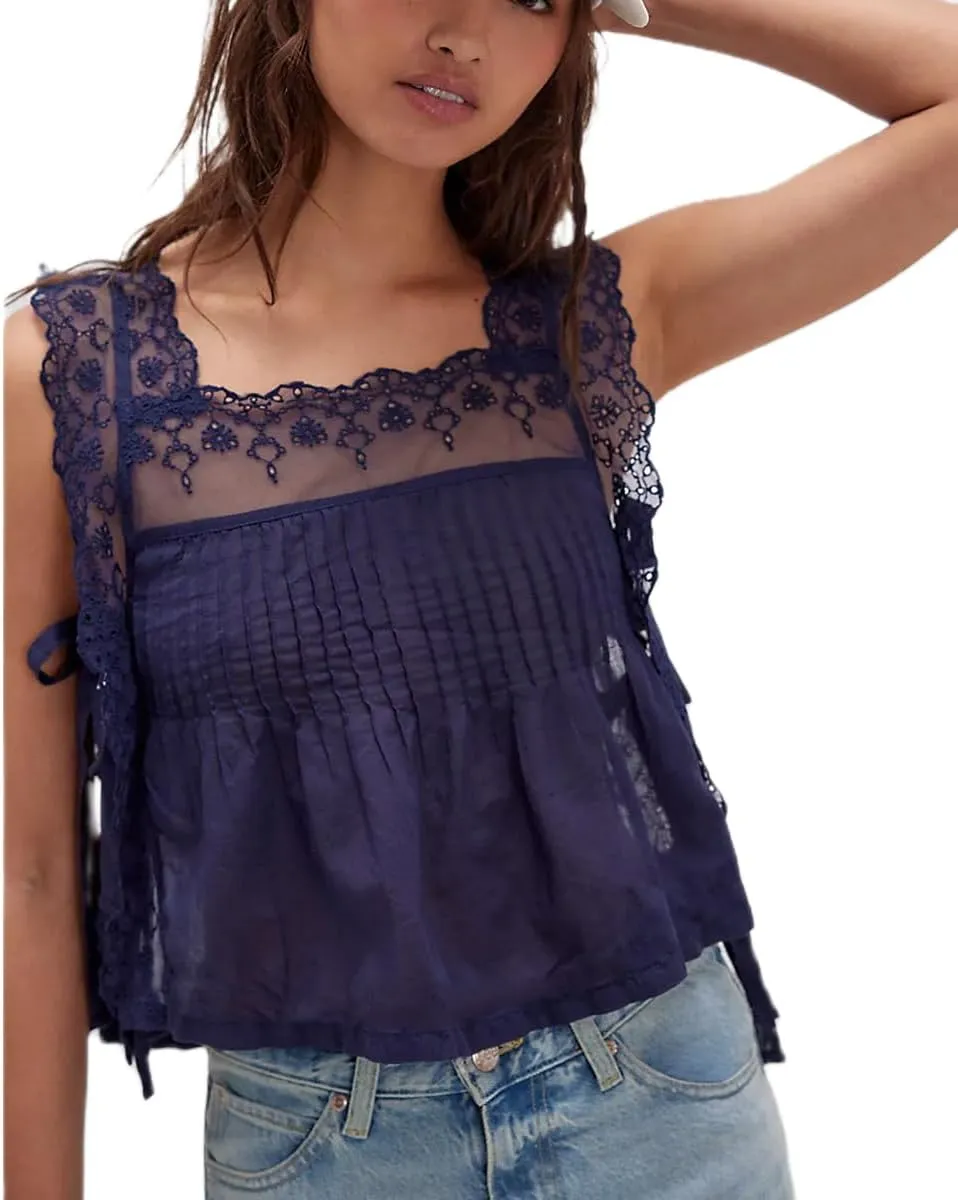 Women Lace Trim Tie Side Vest Tops Y2K Cute Sleeveless Square Neck Floral Embroidered Crop Tank Tops