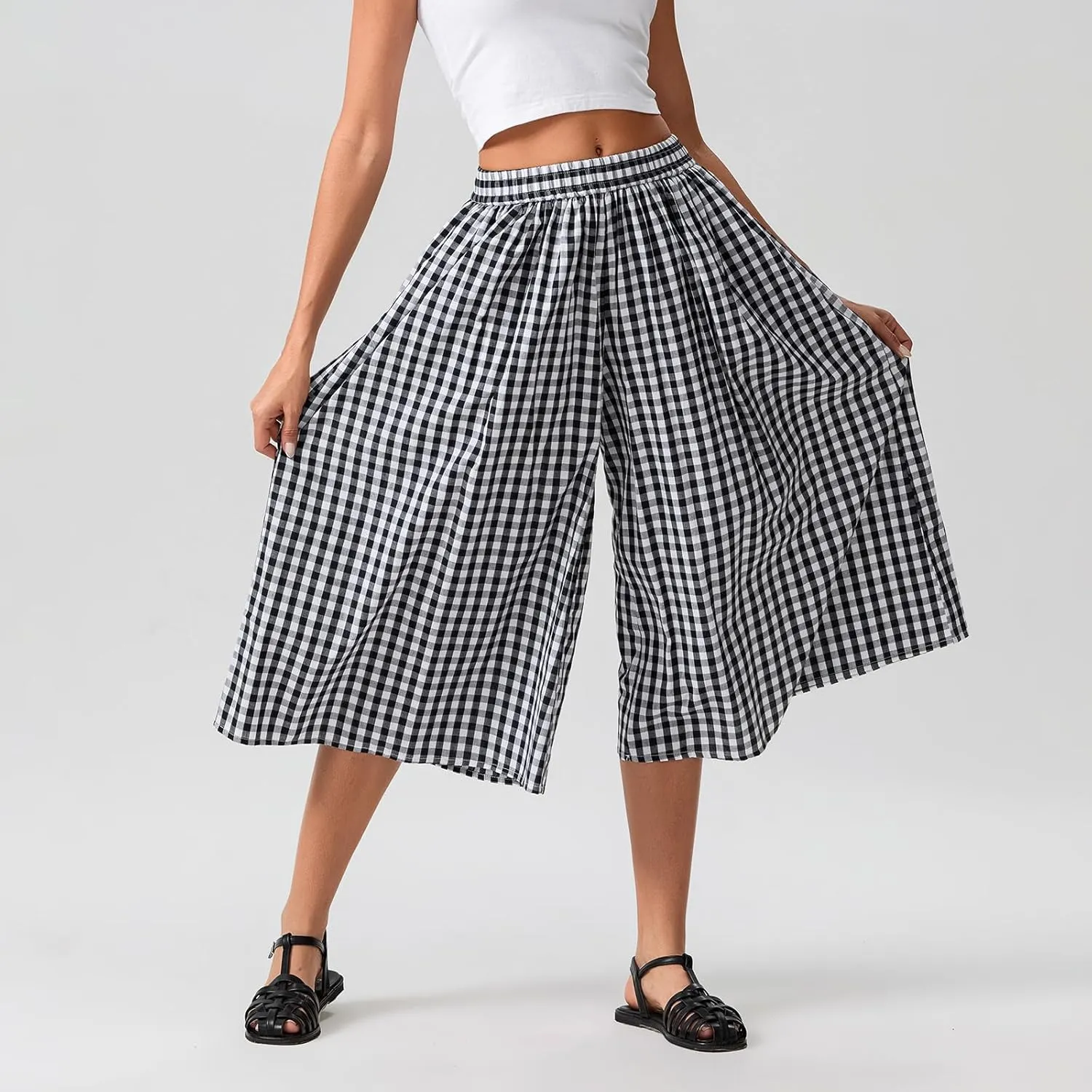 Women Plaid Wide Leg Culotte Pants Gingham High Elastic Waisted Capri Bottoms Casual Loose Cropped Trousers