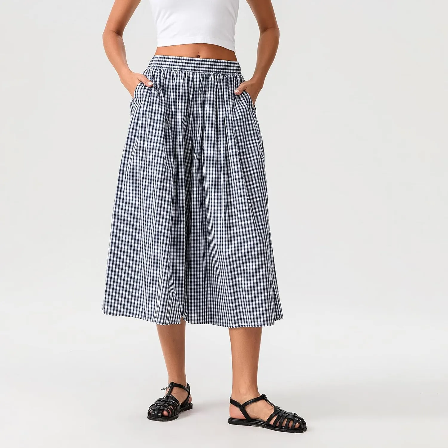 Women Plaid Wide Leg Culotte Pants Gingham High Elastic Waisted Capri Bottoms Casual Loose Cropped Trousers