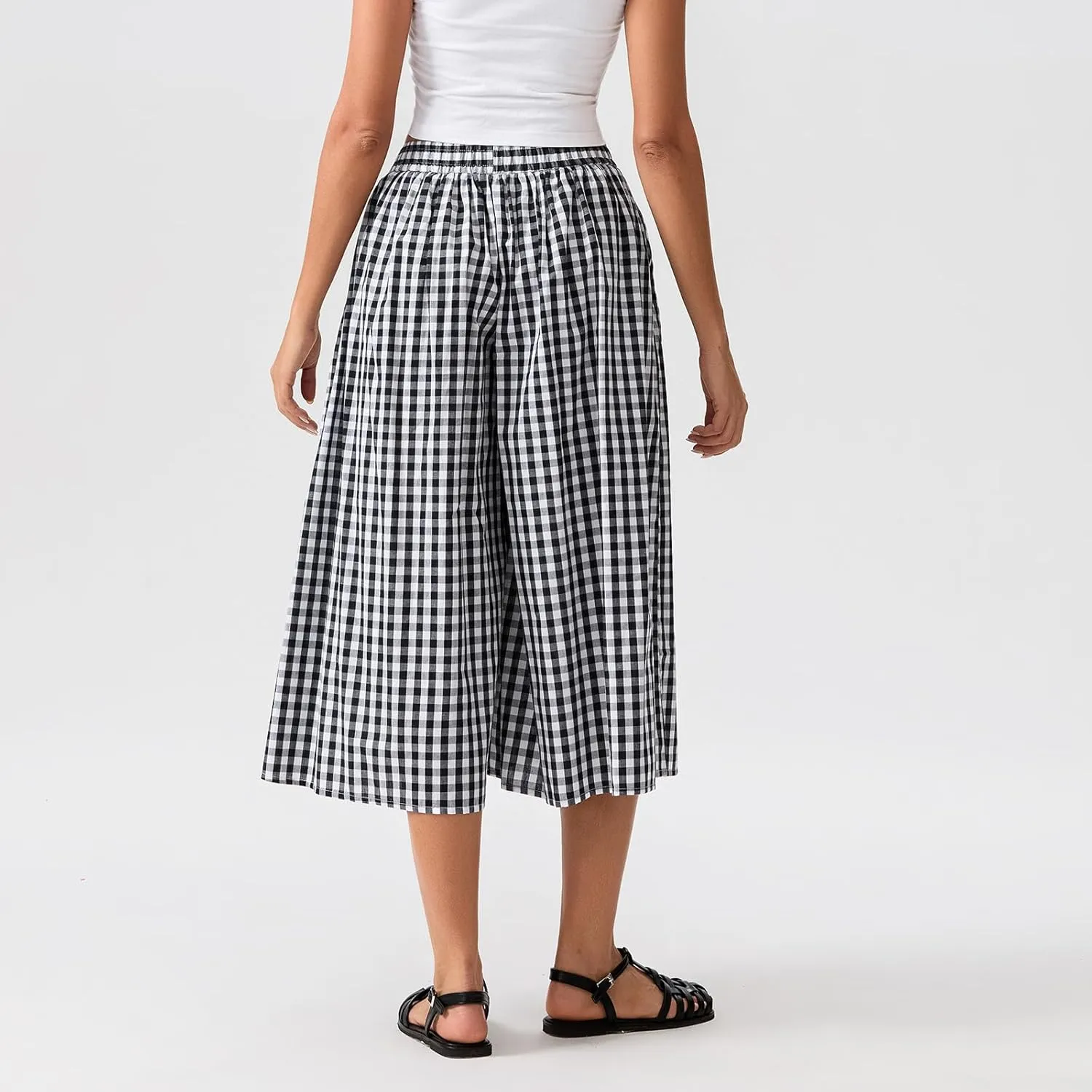 Women Plaid Wide Leg Culotte Pants Gingham High Elastic Waisted Capri Bottoms Casual Loose Cropped Trousers