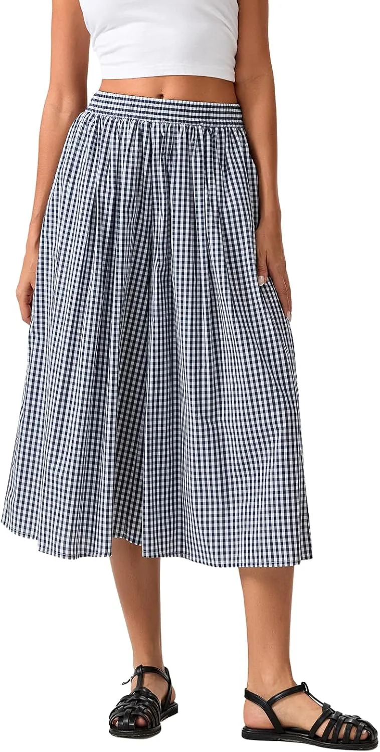 Women Plaid Wide Leg Culotte Pants Gingham High Elastic Waisted Capri Bottoms Casual Loose Cropped Trousers
