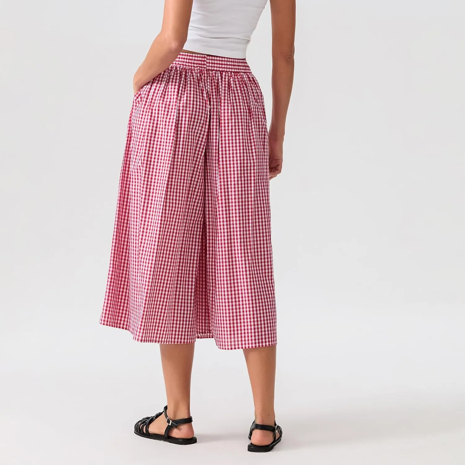 Women Plaid Wide Leg Culotte Pants Gingham High Elastic Waisted Capri Bottoms Casual Loose Cropped Trousers