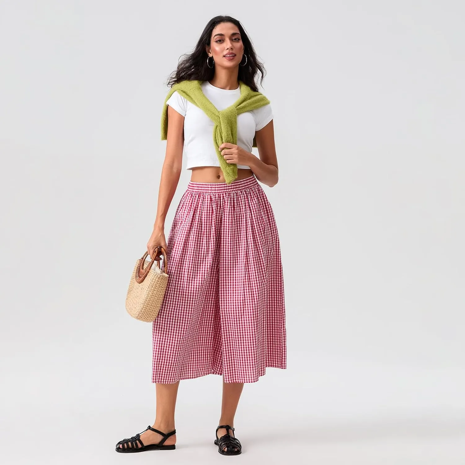 Women Plaid Wide Leg Culotte Pants Gingham High Elastic Waisted Capri Bottoms Casual Loose Cropped Trousers