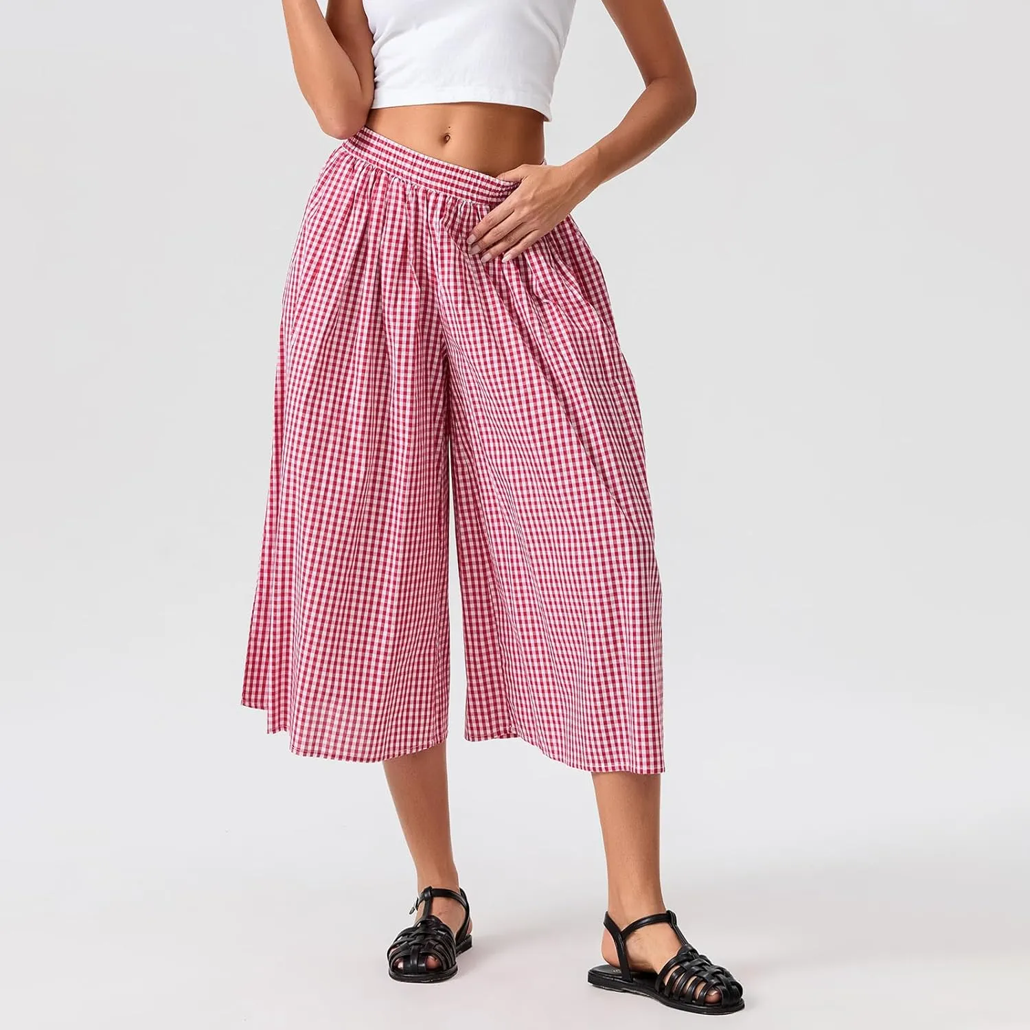 Women Plaid Wide Leg Culotte Pants Gingham High Elastic Waisted Capri Bottoms Casual Loose Cropped Trousers