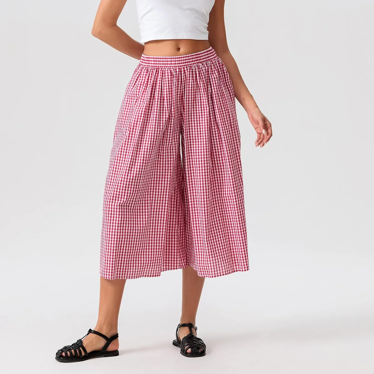 Women Plaid Wide Leg Culotte Pants Gingham High Elastic Waisted Capri Bottoms Casual Loose Cropped Trousers
