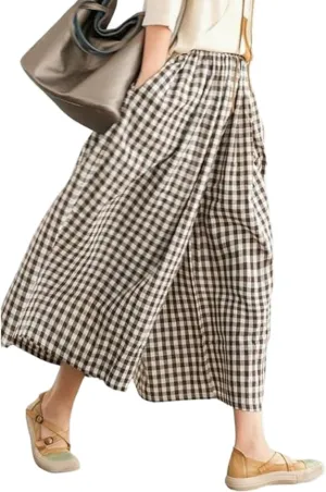 Women Plaid Wide Leg Culotte Pants Gingham High Elastic Waisted Capri Bottoms Casual Loose Cropped Trousers