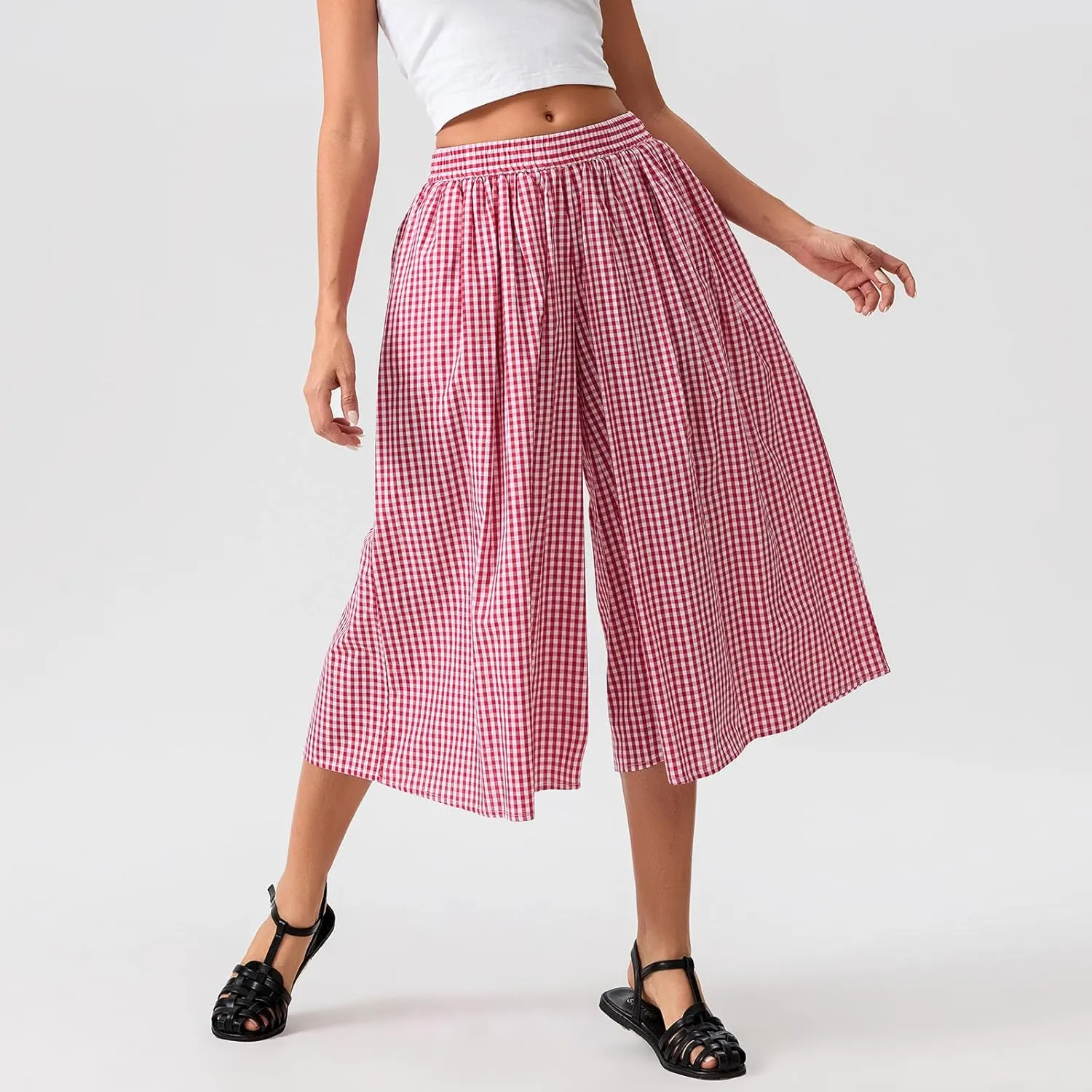 Women Plaid Wide Leg Culotte Pants Gingham High Elastic Waisted Capri Bottoms Casual Loose Cropped Trousers