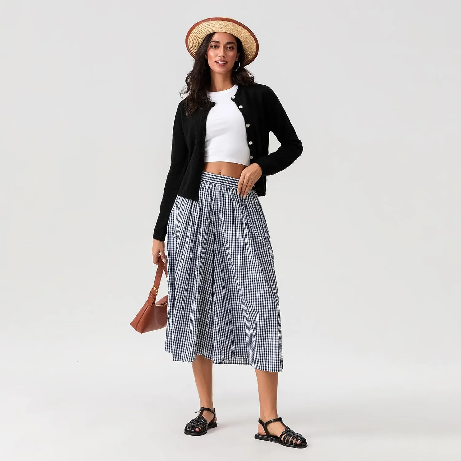 Women Plaid Wide Leg Culotte Pants Gingham High Elastic Waisted Capri Bottoms Casual Loose Cropped Trousers