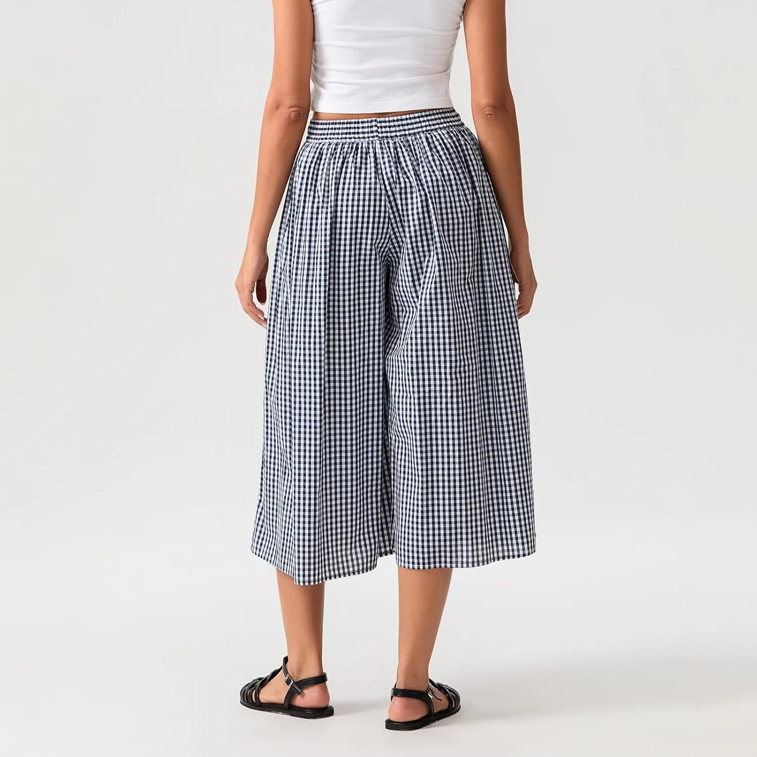 Women Plaid Wide Leg Culotte Pants Gingham High Elastic Waisted Capri Bottoms Casual Loose Cropped Trousers