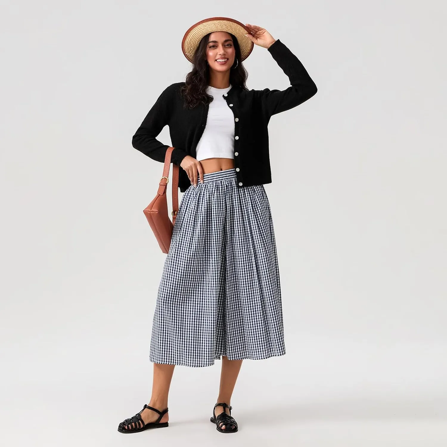 Women Plaid Wide Leg Culotte Pants Gingham High Elastic Waisted Capri Bottoms Casual Loose Cropped Trousers