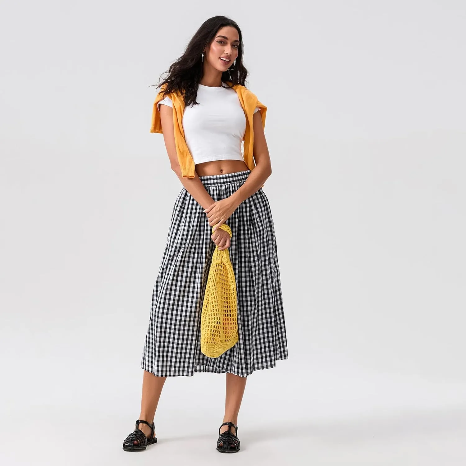 Women Plaid Wide Leg Culotte Pants Gingham High Elastic Waisted Capri Bottoms Casual Loose Cropped Trousers
