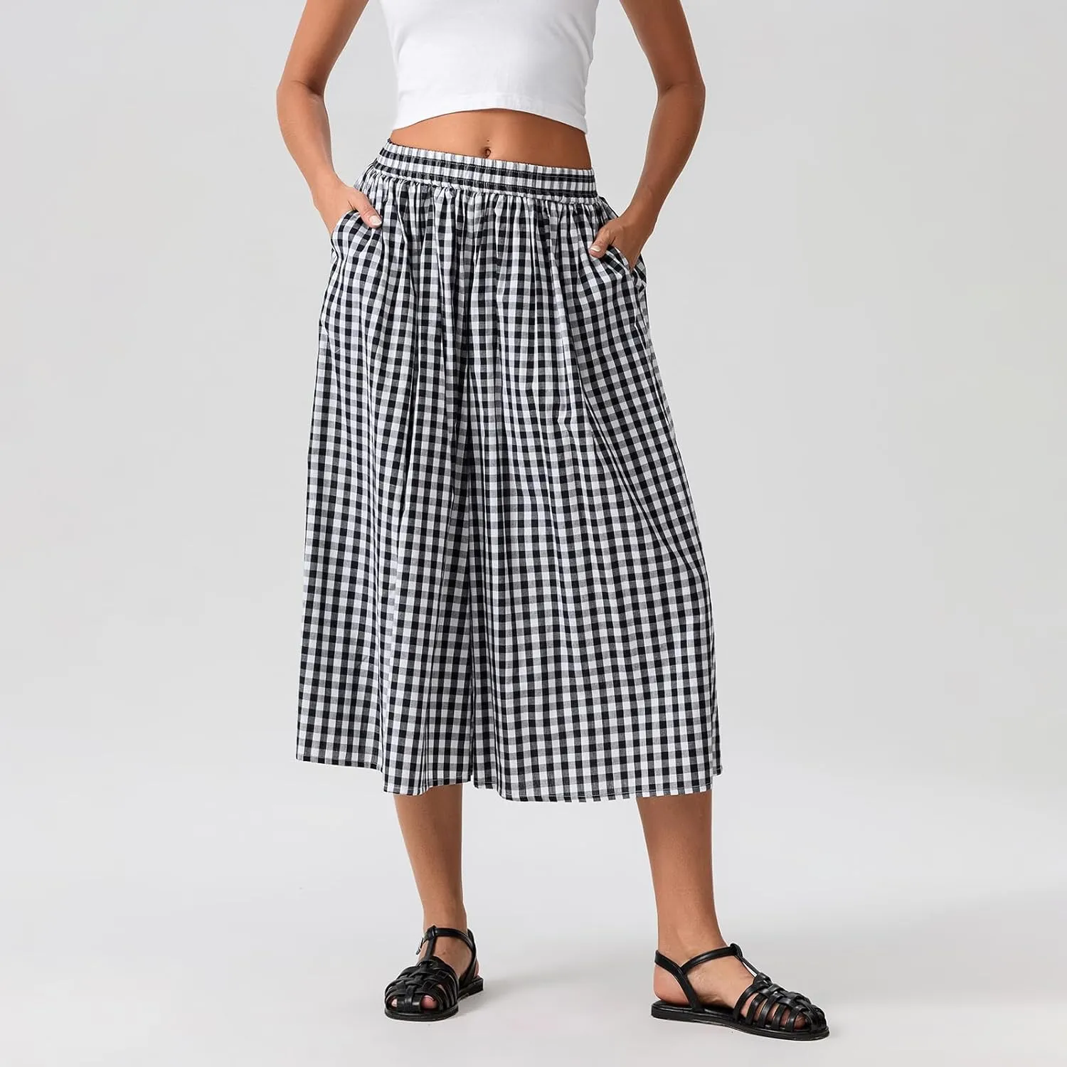 Women Plaid Wide Leg Culotte Pants Gingham High Elastic Waisted Capri Bottoms Casual Loose Cropped Trousers