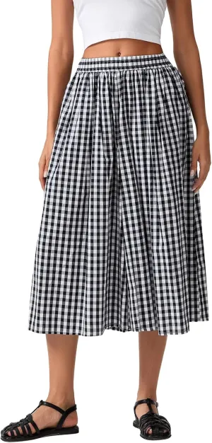 Women Plaid Wide Leg Culotte Pants Gingham High Elastic Waisted Capri Bottoms Casual Loose Cropped Trousers