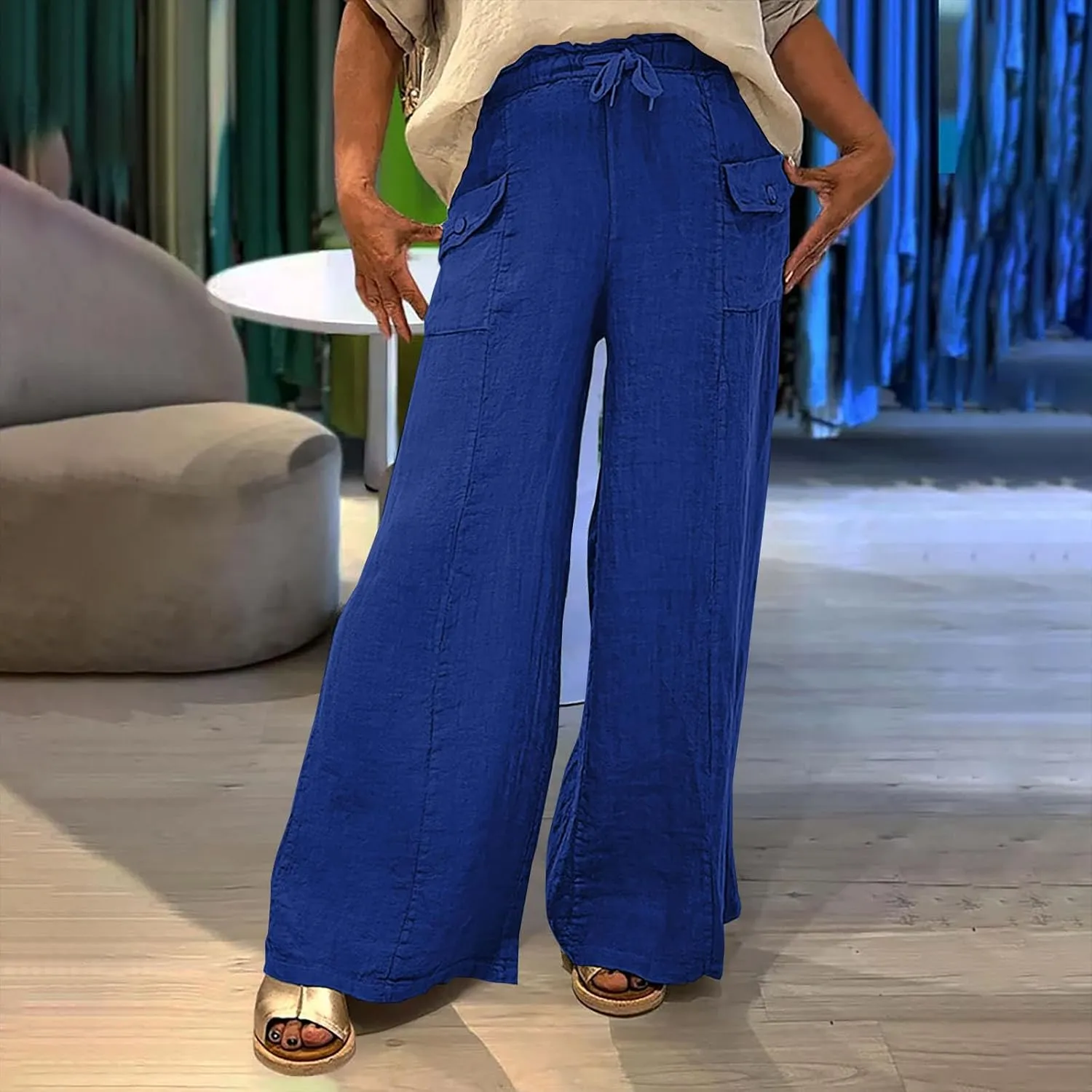Women Summer Boho Cargo Pants Cotton Linen Baggy Wide Leg Beach Trousers Drawstring Waist Culottes with Pockets