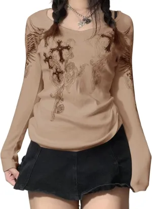 Women Teen Girls Fairy Grunge Clothes Y2k Long Sleeve Baggy Shirt Graphic Baby Tee Fall Vintage Streetwear T-Shirt