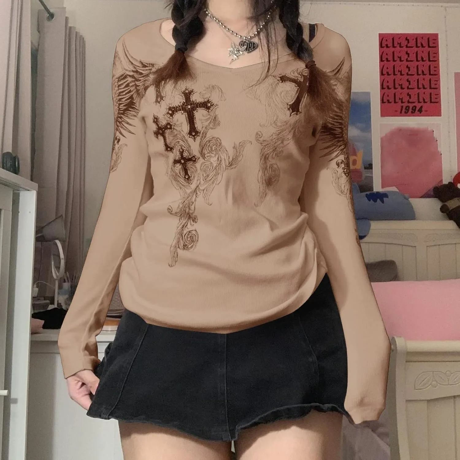 Women Teen Girls Fairy Grunge Clothes Y2k Long Sleeve Baggy Shirt Graphic Baby Tee Fall Vintage Streetwear T-Shirt