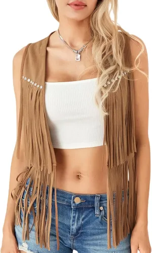 Women Vintage Western Fringe Vest Cowboy Cowgirl Clothes 70s Hippie Vest Tassel Country Concert Fringe Tops Shirts
