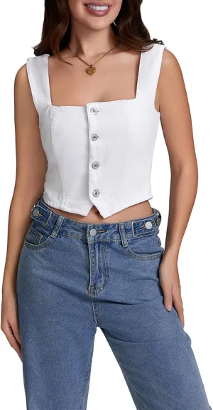 Women Y2K Button Down Denim Vest Sleeveless Denim Crop Top Jean Waistcoat Vest Jean Corset Bustier Summer Streetwear