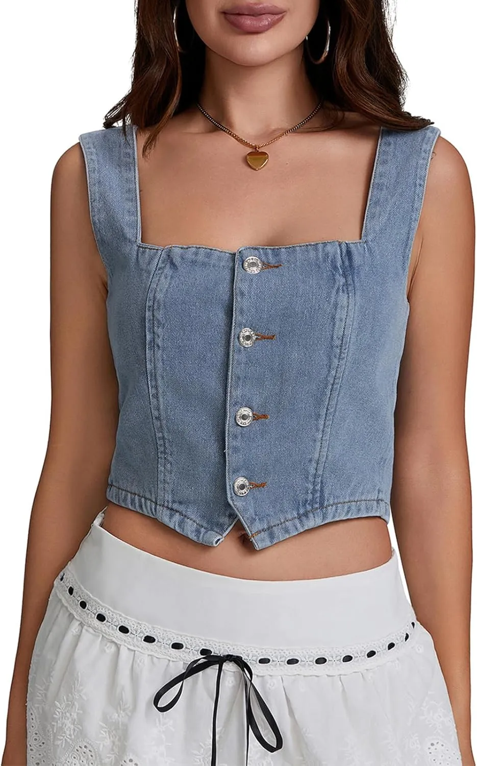 Women Y2K Button Down Denim Vest Sleeveless Denim Crop Top Jean Waistcoat Vest Jean Corset Bustier Summer Streetwear