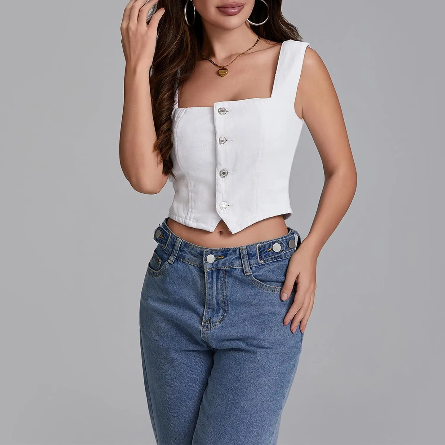 Women Y2K Button Down Denim Vest Sleeveless Denim Crop Top Jean Waistcoat Vest Jean Corset Bustier Summer Streetwear