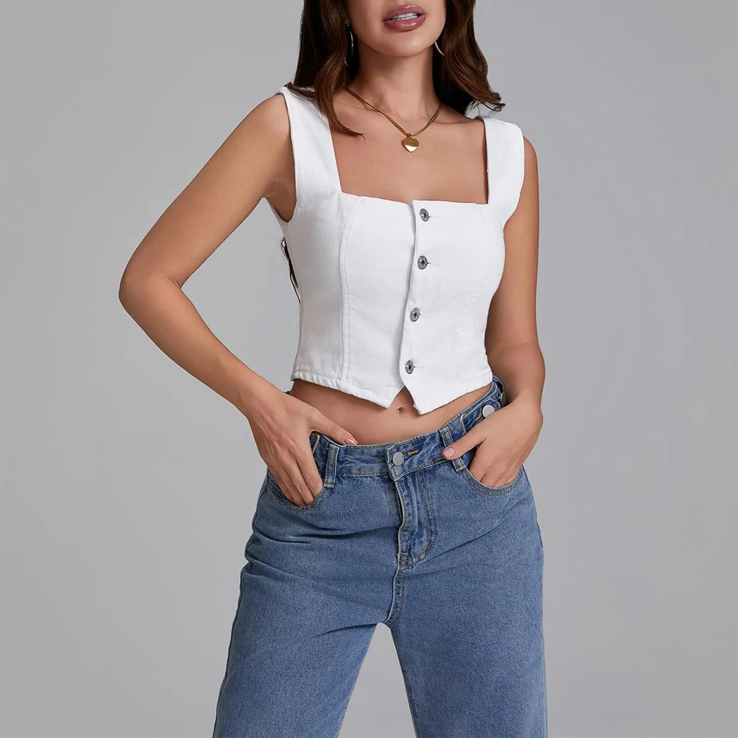 Women Y2K Button Down Denim Vest Sleeveless Denim Crop Top Jean Waistcoat Vest Jean Corset Bustier Summer Streetwear