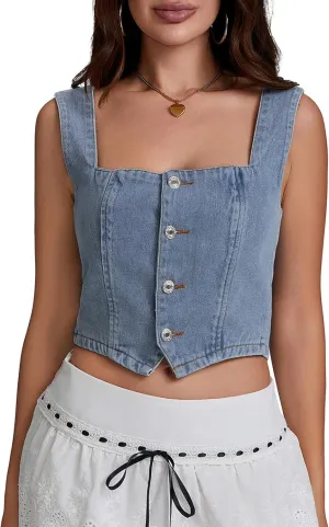 Women Y2K Button Down Denim Vest Sleeveless Denim Crop Top Jean Waistcoat Vest Jean Corset Bustier Summer Streetwear