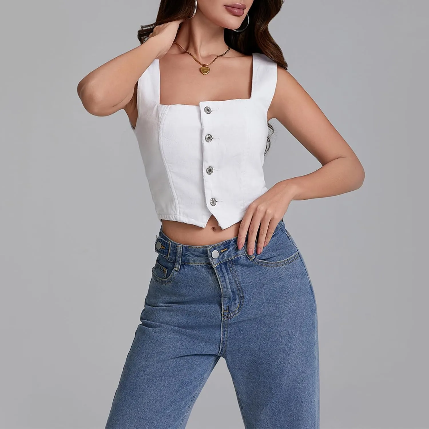 Women Y2K Button Down Denim Vest Sleeveless Denim Crop Top Jean Waistcoat Vest Jean Corset Bustier Summer Streetwear