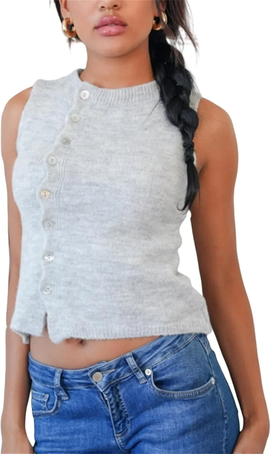 Women Y2k Knitted Sweater Vest Sleeveelss Button Down Round Neck Ribbed Knit Tank Top Cardigan Vest Streetwear