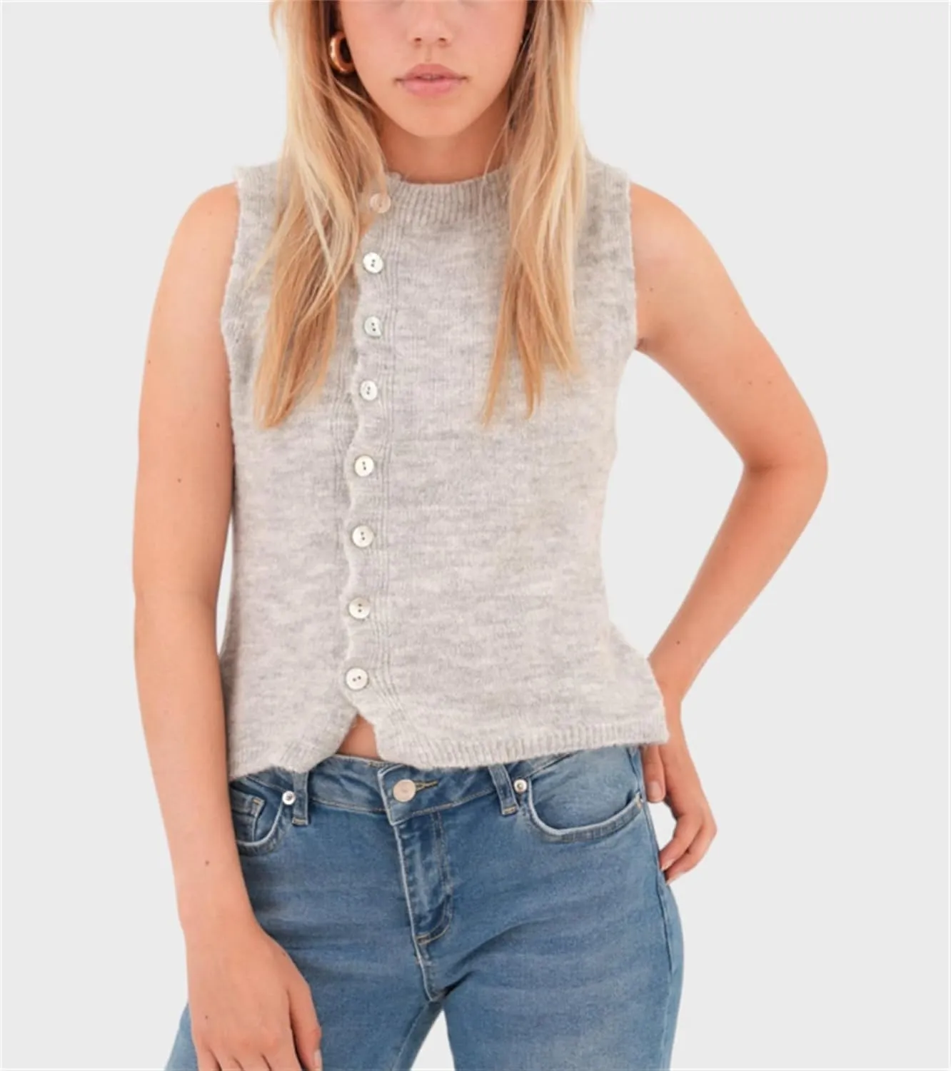 Women Y2k Knitted Sweater Vest Sleeveelss Button Down Round Neck Ribbed Knit Tank Top Cardigan Vest Streetwear