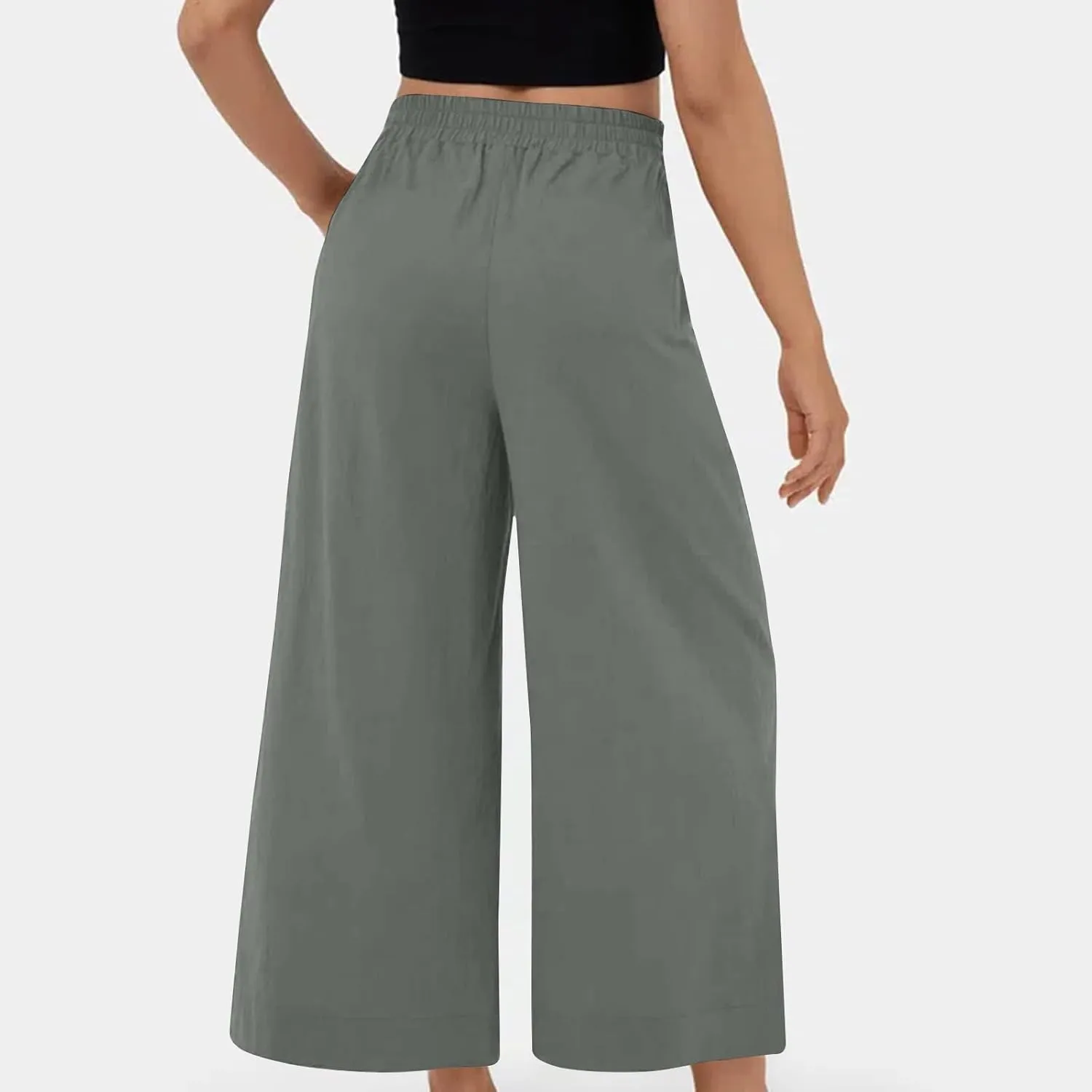 Women's Casual Linen Palazzo Dress Pants High Waisted Wide Leg Beach Trousers Office Work Suit Pants Summer Culottes