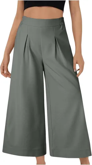 Women's Casual Linen Palazzo Dress Pants High Waisted Wide Leg Beach Trousers Office Work Suit Pants Summer Culottes