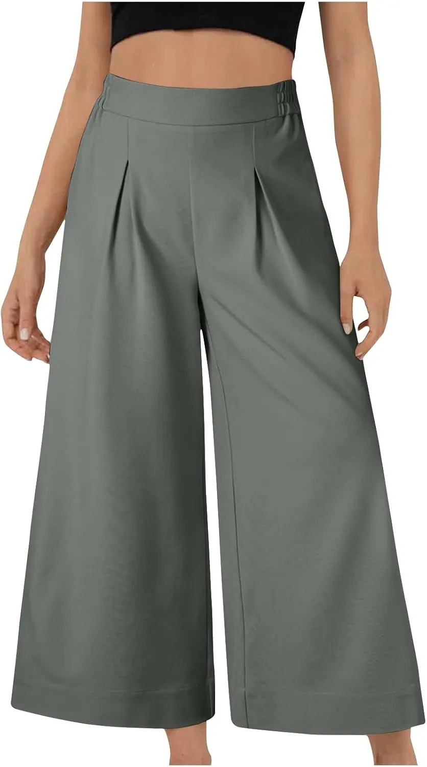Women's Casual Linen Palazzo Dress Pants High Waisted Wide Leg Beach Trousers Office Work Suit Pants Summer Culottes