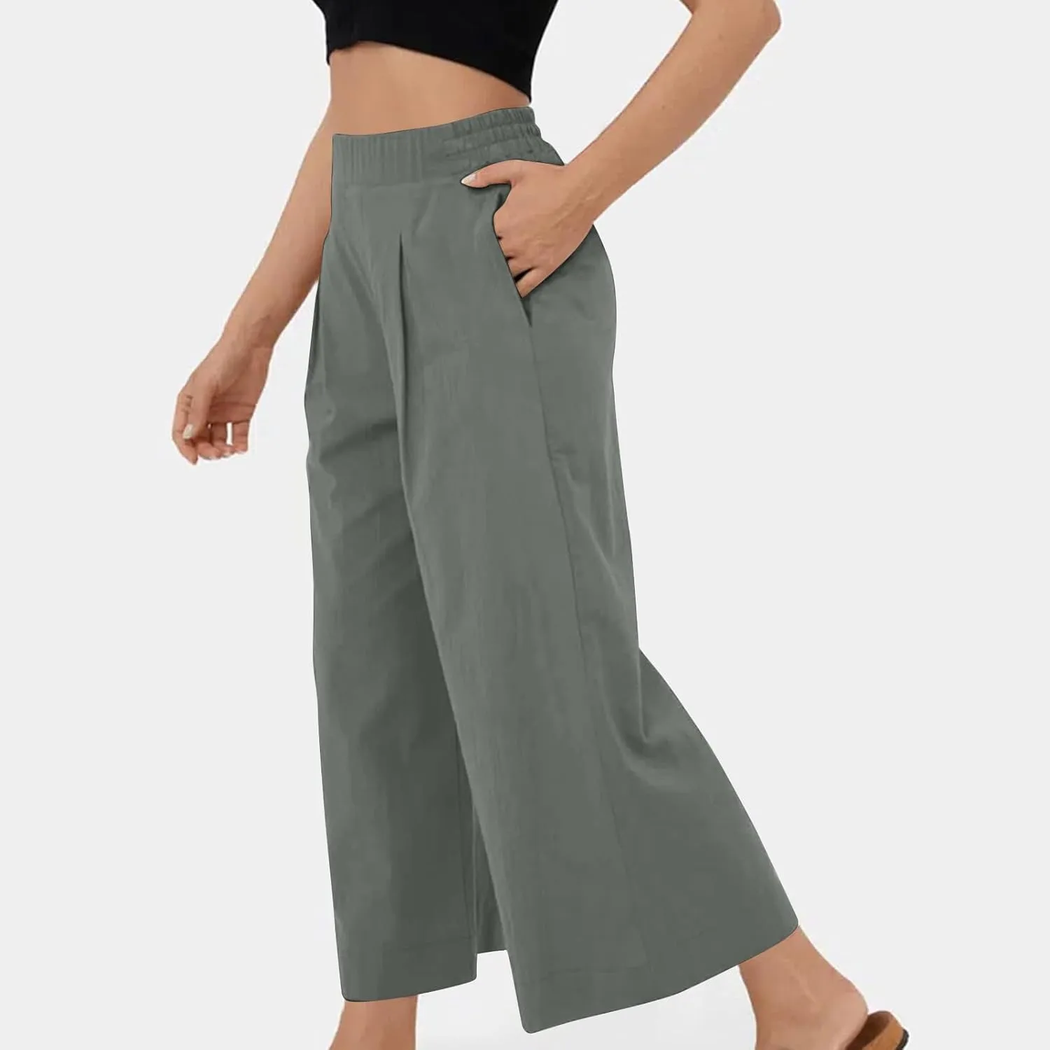 Women's Casual Linen Palazzo Dress Pants High Waisted Wide Leg Beach Trousers Office Work Suit Pants Summer Culottes