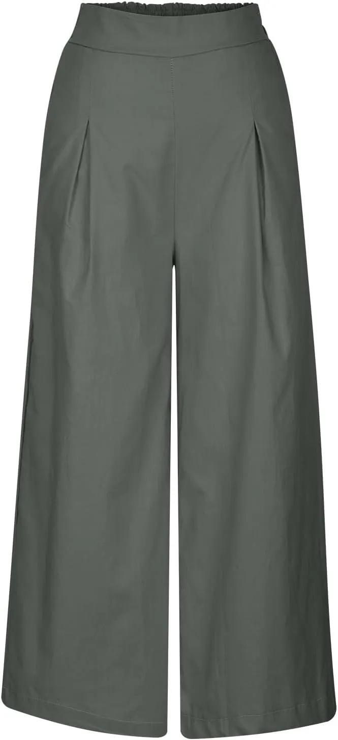 Women's Casual Linen Palazzo Dress Pants High Waisted Wide Leg Beach Trousers Office Work Suit Pants Summer Culottes