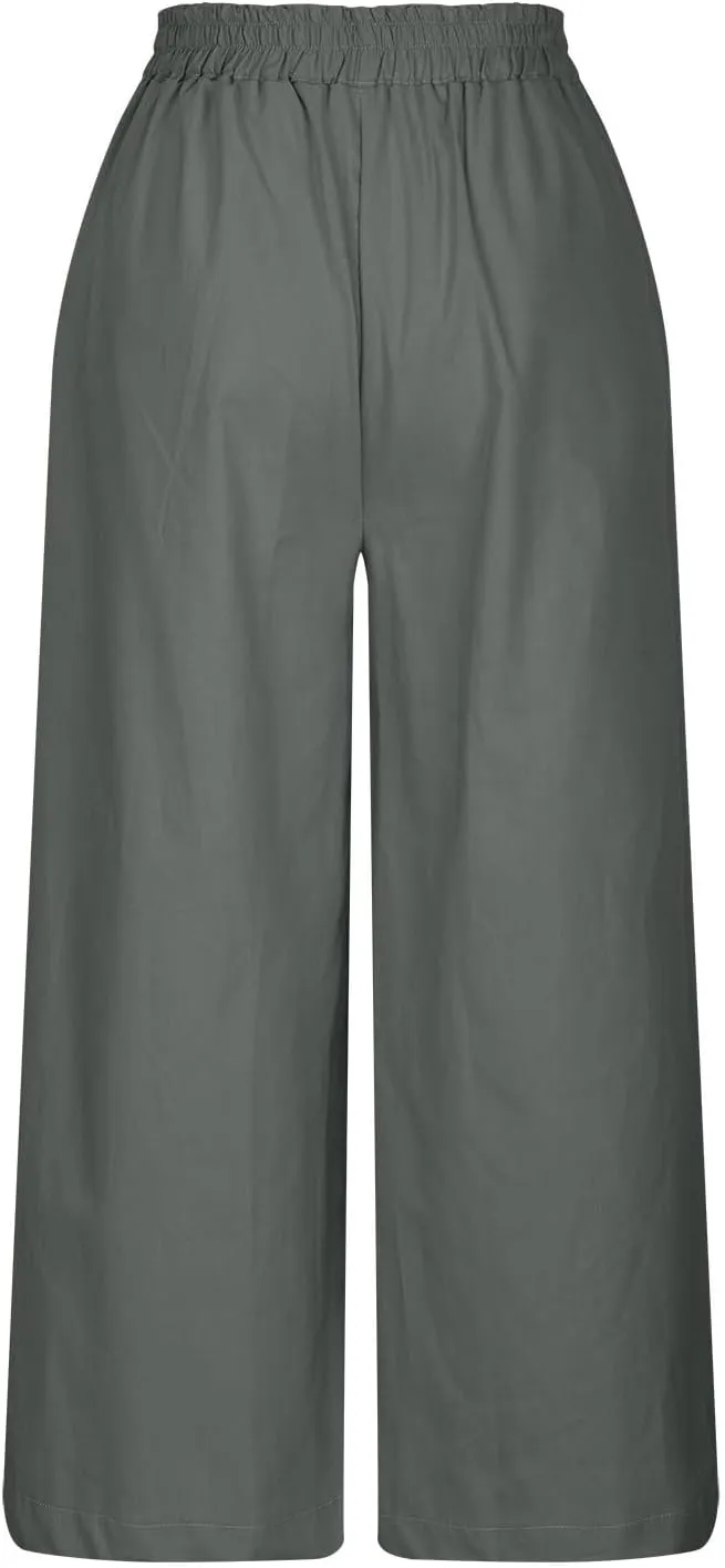 Women's Casual Linen Palazzo Dress Pants High Waisted Wide Leg Beach Trousers Office Work Suit Pants Summer Culottes