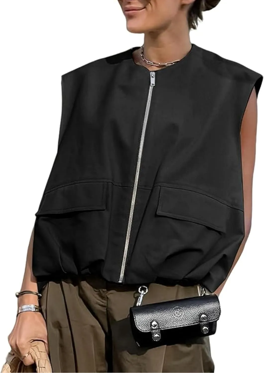 Womens Casual Zip Up Cargo Vest Top Oversized Lightweight Ruched Hem Sleeveless Blazer Jackets Vest Tops