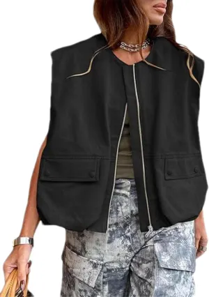 Womens Casual Zip Up Cargo Vest Top Oversized Lightweight Ruched Hem Sleeveless Blazer Jackets Vest Tops