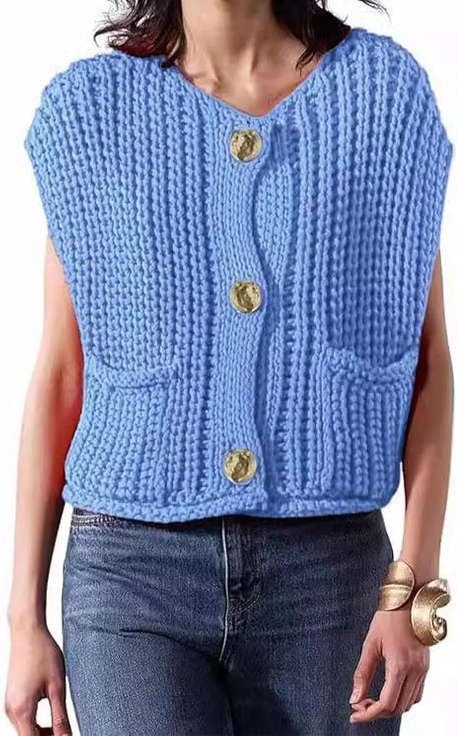 Womens Crochet Knit Top Sleeveless Button Down Crop Top Open Front Sweater Cardigan Vest with Pockets