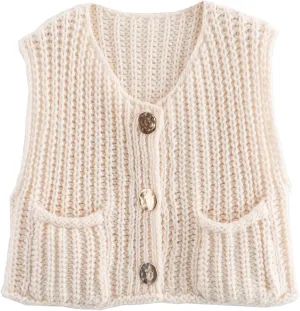 Womens Crochet Knit Top Sleeveless Button Down Crop Top Open Front Sweater Cardigan Vest with Pockets