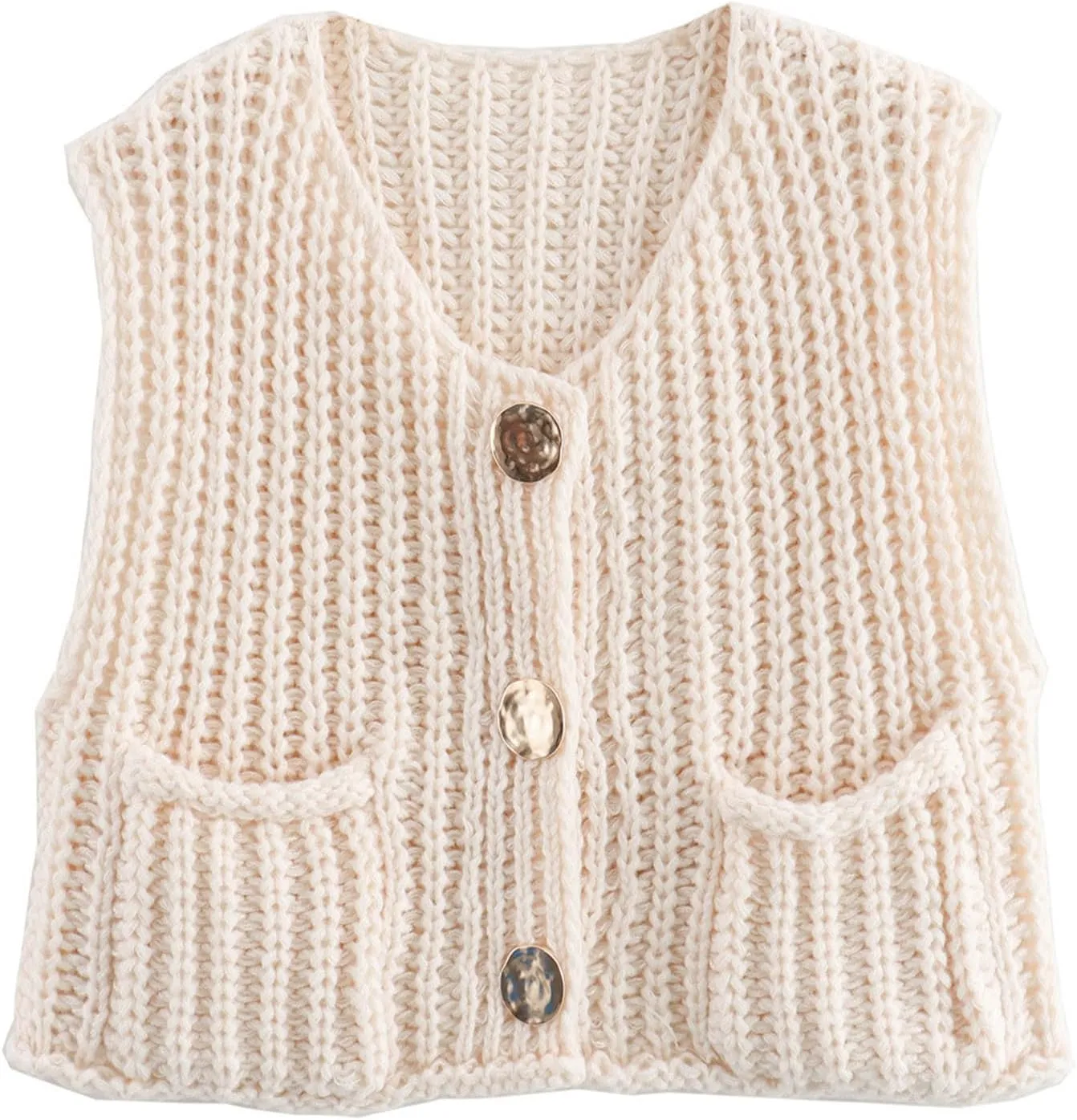Womens Crochet Knit Top Sleeveless Button Down Crop Top Open Front Sweater Cardigan Vest with Pockets