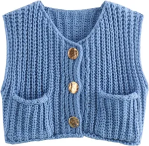 Womens Crochet Knit Top Sleeveless Button Down Crop Top Open Front Sweater Cardigan Vest with Pockets