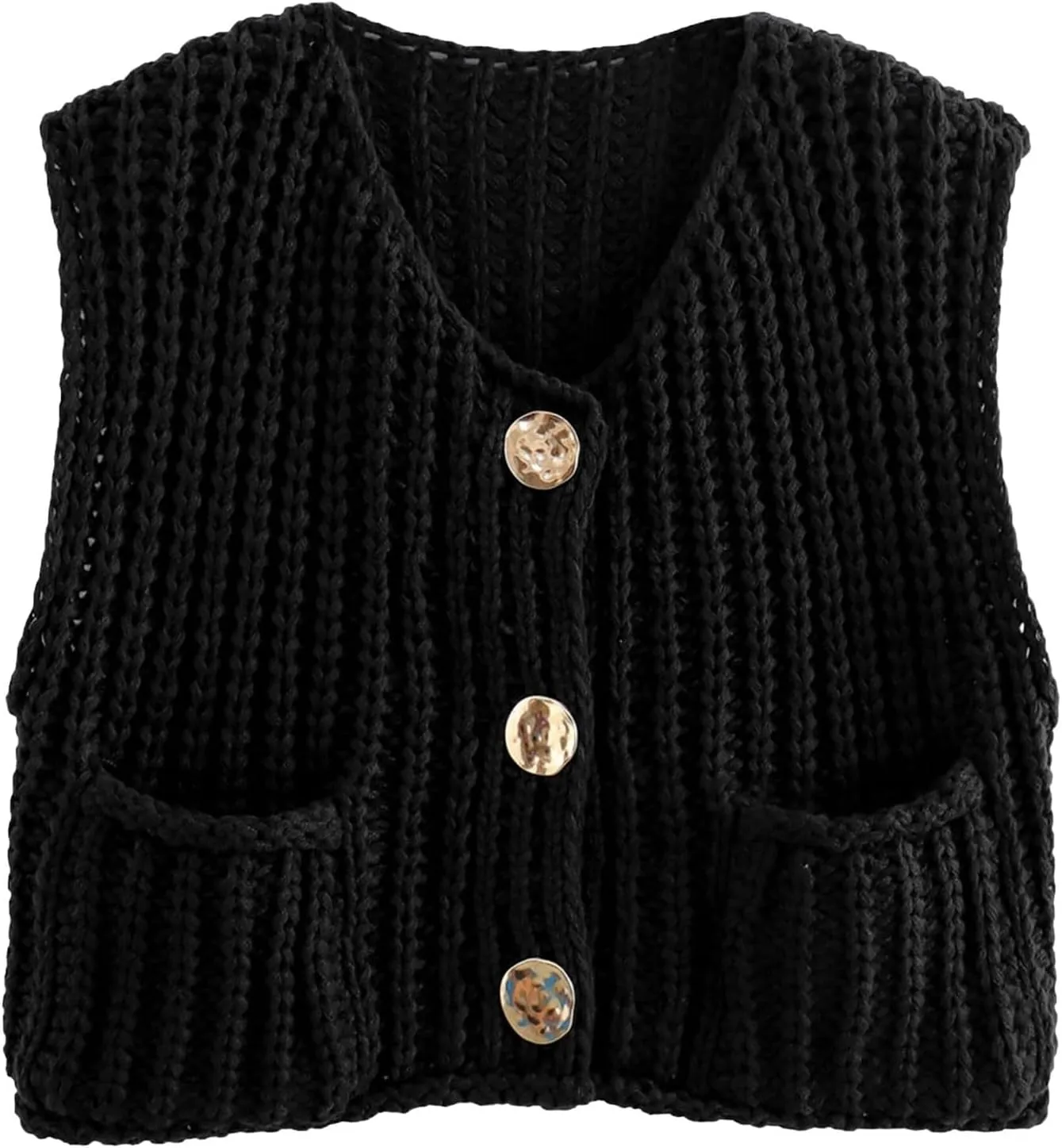 Womens Crochet Knit Top Sleeveless Button Down Crop Top Open Front Sweater Cardigan Vest with Pockets