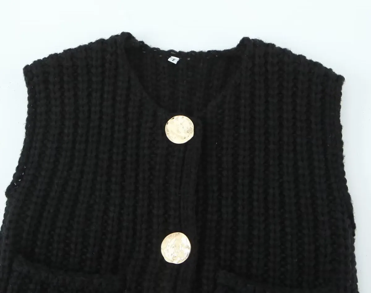 Womens Crochet Knit Top Sleeveless Button Down Crop Top Open Front Sweater Cardigan Vest with Pockets