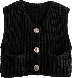 Womens Crochet Knit Top Sleeveless Button Down Crop Top Open Front Sweater Cardigan Vest with Pockets
